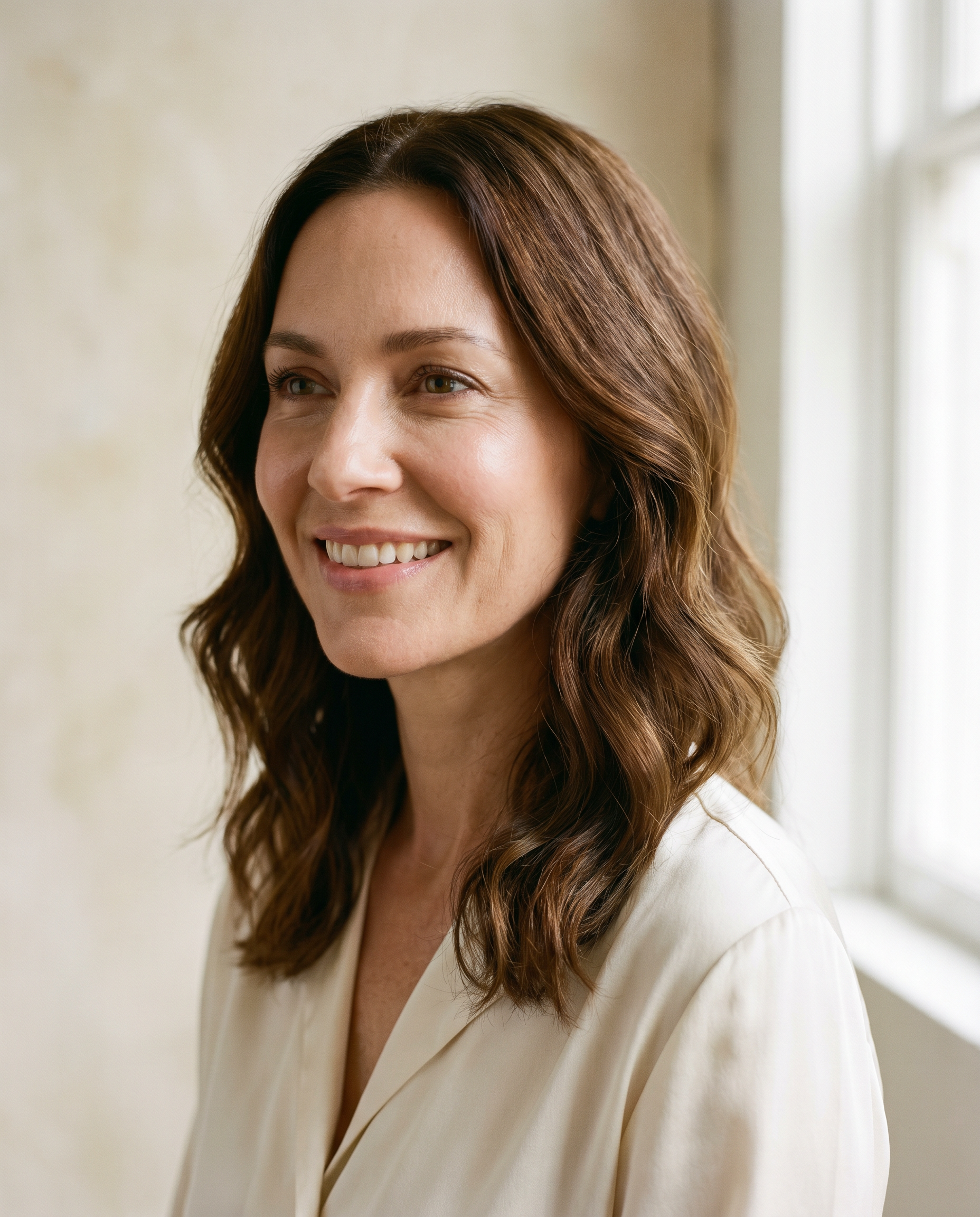 Woman with glossy, layered waves after a hair replacement integration